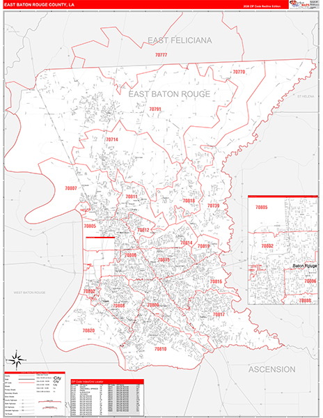East Baton Rouge Parish (County), LA Wall Map Red Line Style